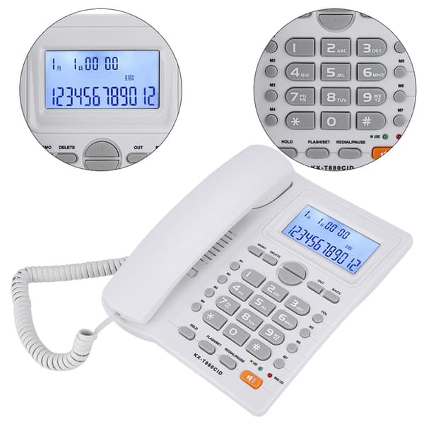 Telefon med sladd, dubbla portar, förlängningsset, nummerpresentation och högtalartelefon (Vit)