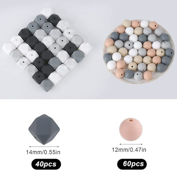 Silikonperle Bulk Kit for smykkefremstilling - 100 stk runde og sekskantede perler