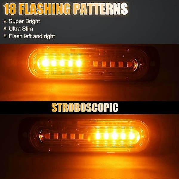 Gule LED Strobelys - 4D 4 stk., 10 LED'er, Nødlysbar til Bil Auto Blink - 12V 24V Sikkerhedsbeacon