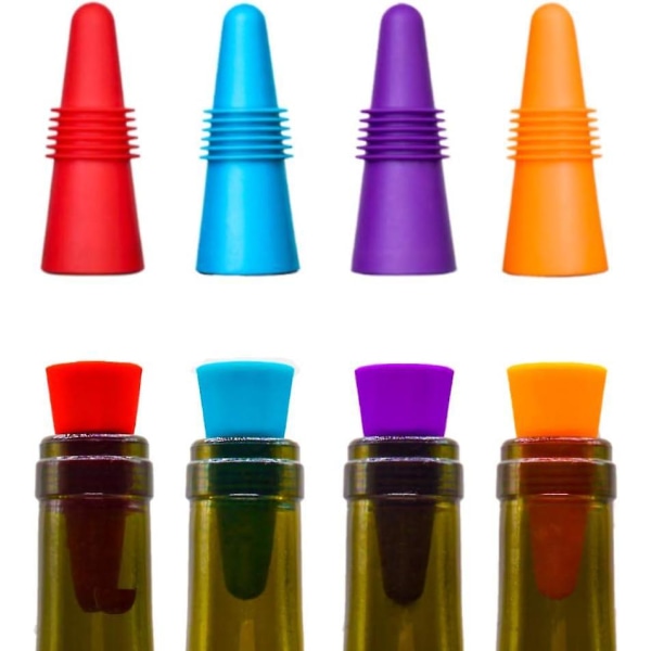 Sett med 8 gjenbrukbare silikonvinstoppere med korkhåndtak - assorterte farger