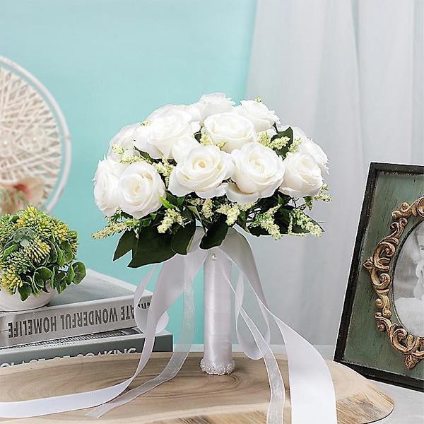 Brudebuket og håndledsblomst - Rose - til bryllup - Koreansk stil - Hvid - Kunstige bruderoser - Bryllupsbuket