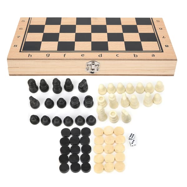 3-i-1 skak, dam og backgammon i træ, foldbart bærbart interaktivt skakbræt legetøj 24 x 24 cm / 9,4 x 9,4 tommer