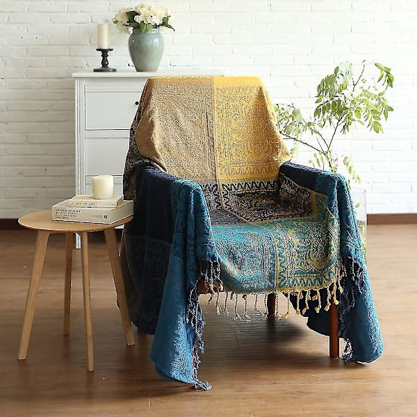 Stammemønster Chenille tæppe med kvaster - 150 x 190 cm, blå