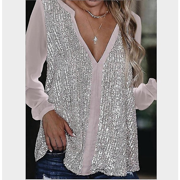 Blus med paljetter, V-ringning, lång ärm, XL, rosa