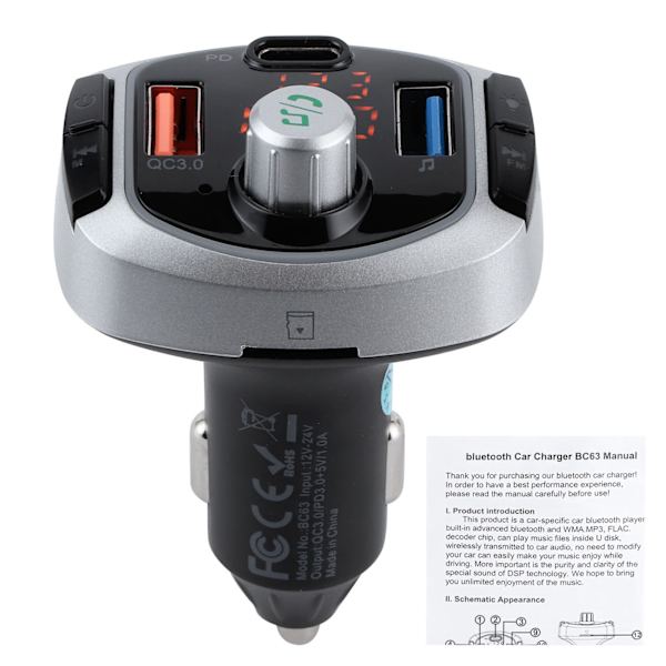 Bluetooth 5.0 FM-sändare MP3-spelare Handsfree-samtal Färgglatt ljus Dubbel display PD3.0 QC3.0