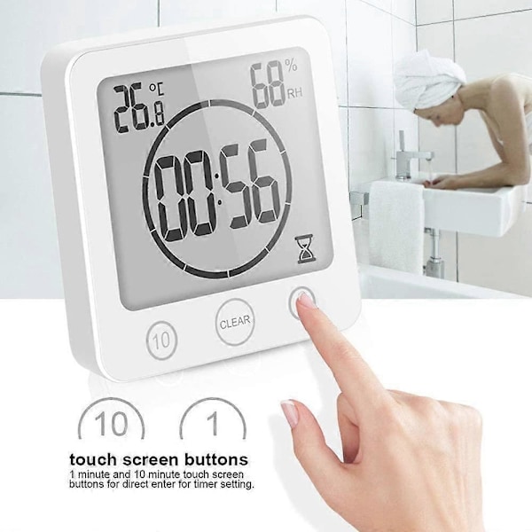 Vit Badrumsklocka, Vattentät Touchkontroll Duschklocka, LCD Digital Alarm, Hygrometer Termometer, Nedräkningstimer, Batteridriven, för Kök