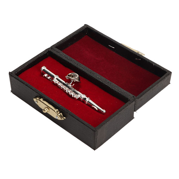 Silverflöjtbrosch Miniatyrmusikinstrument Lapelbroschnål med röd sammetsfodrad case