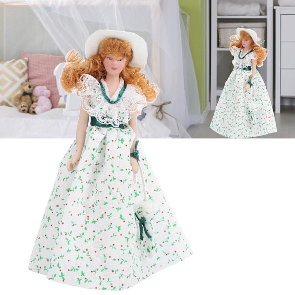 1:12 Miniatyyri posliininen nukke vihreä mekko naiset nainen nukke elegantti nukkekoti lisävaruste