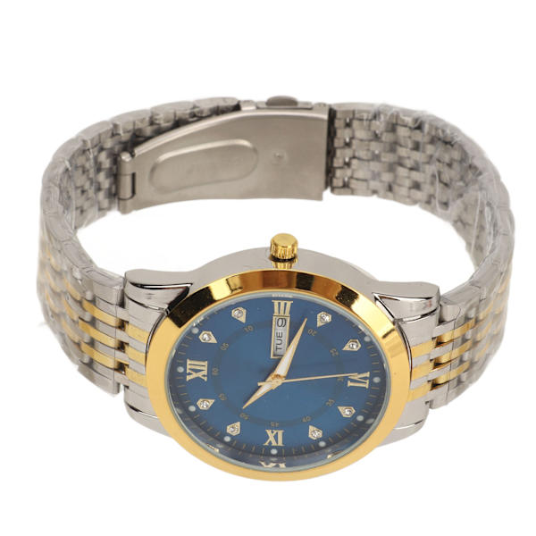 Klocka för män kvarts dag datum vattentät casual lyxig lysande modeklänning klocka med legering armband för affärer guld blå