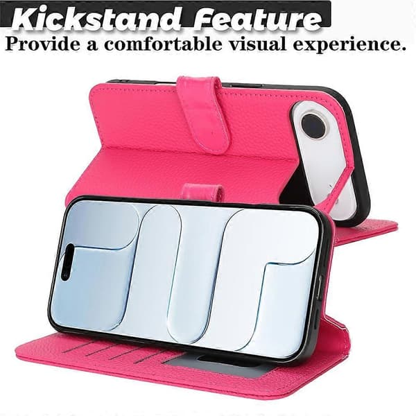 Compatible with iPhone Air Stand Case Litchi Texture Genuine Cowhide Wallet Case RFID Pink