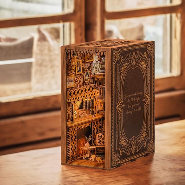 DIY Bogkrogssæt - Miniatyrdukkehus-sæt med møbler og LED-lys, Træ 3D-puslespil, Kunstbog