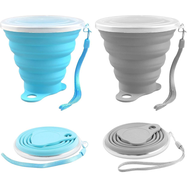 Set med 2 hopfällbara resekoppar i silikon med BPA-fria plastlock - Bärbara infällbara muggar för utomhusaktiviteter som picknick, camping och vandring