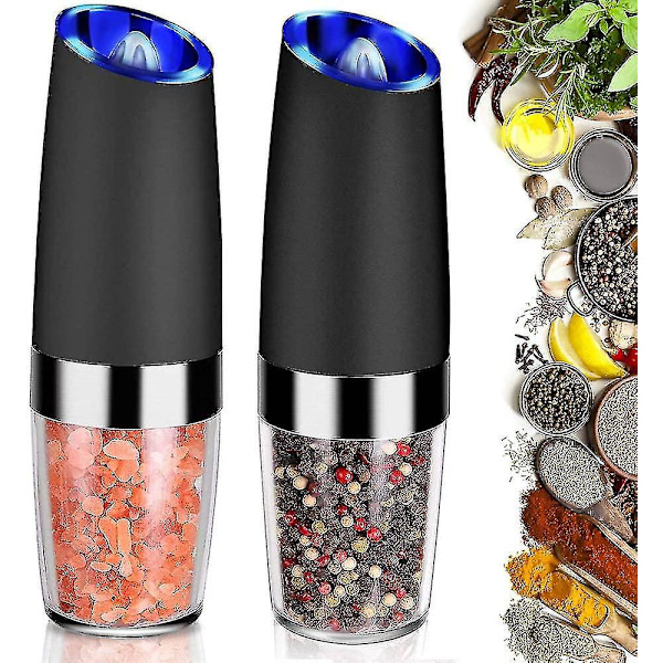 Electric Salt and Pepper Grinder Set with Blue LED Light - Adjustable Coarseness, Refillable - Pack of 2