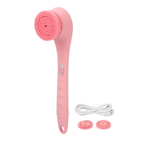 Elektrisk badebørstesett 360 grader roterende langt håndtak kroppsrensende skrubber med 3 hoder rosa