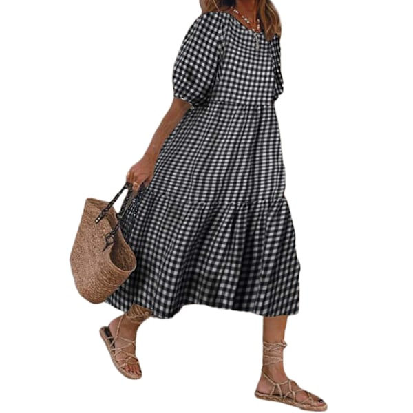 Plaid Puffy Short-sleeve Midi Dress - Women's Summer Style - Black XXL