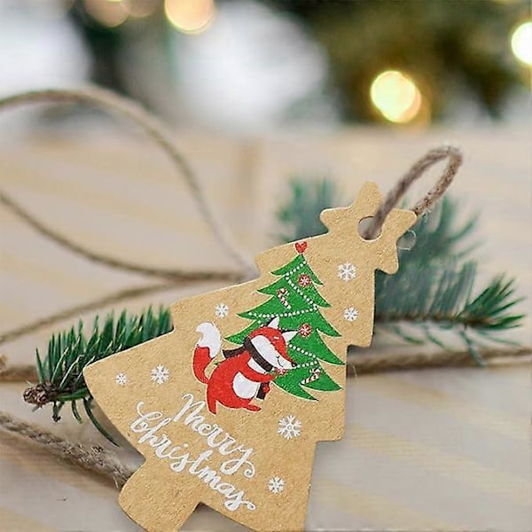 100 Stycken Kraftpapper Julklappsetiketter med Snöre, Bruna Kraftpapper Julklappsetiketter, Stämpel och Etikett för Julklappsinslagning, 10 Designer för Jul