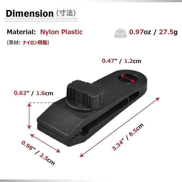 12-pakning sorte presenningklips i plast – ideelle for camping, markiser og utendørsaktiviteter