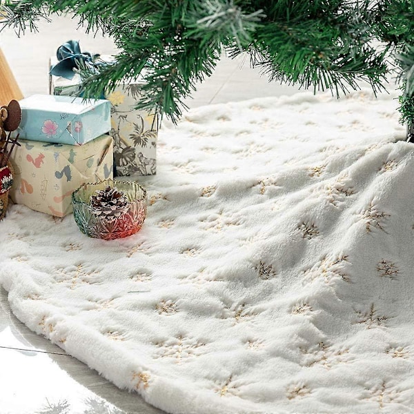Hvit Julegranskjørt Base Cover med Gullpaljett Snøfnugg Snø Plysj Juletre Skjørt Matte (Gull, 35 tommer)