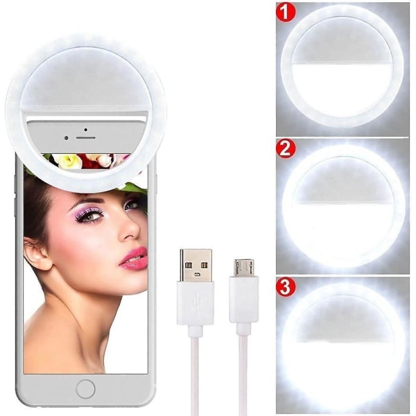 Genopladeligt Selfie-ringlys med 28 LED-fyldningslys og justerbare lysstyrkeniveauer, hvid