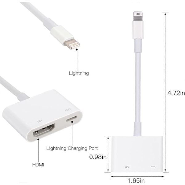 Lightning til HDMI-adapter med Lightning Digital AV-adapter 1080P, Lightning-ladeport Hvit for utvalgte iPhone iPad og iPod-modeller og HDTV-skjermer