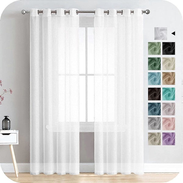 2 stk. hvide, transparente voilegardiner 150x250 cm med halvtransparent øje i linnedeffekt, boligdekorationer til stuevindue, moderne soveværelse, køkken, balkon