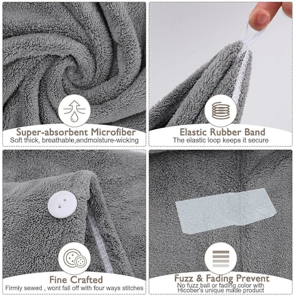 3-pak Superabsorberende Mikrofiber Hårtørringshåndklæder med Knapper og Badesløjfe - Grå