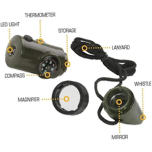 Visselpipa, 7-i-1 Multifunktionell Överlevnadsvisselpipa Nödvändighetsverktyg med Termometer Kompass LED-lampa Förstoringsglas Spegel för Camping Vandring Utomhus (Grön)