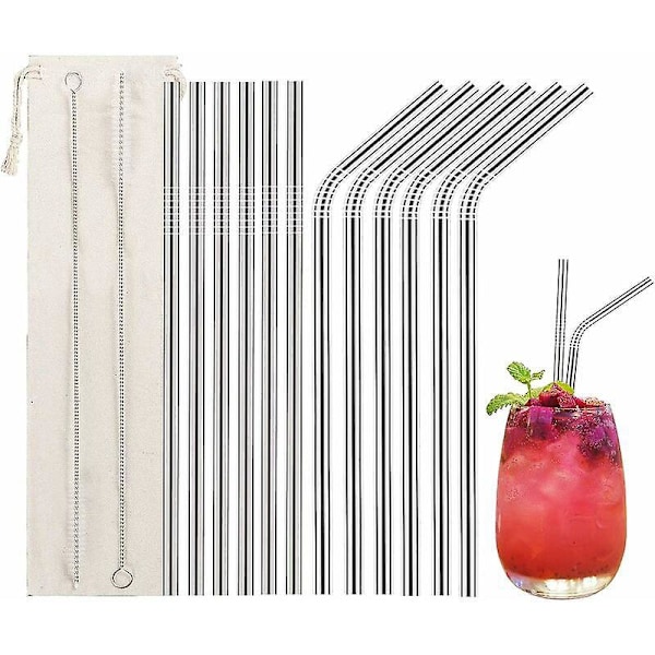 12 stk. Sugerør i rustfritt stål, gjenbrukbare metallsugerør med 2 rengjøringsbørster for smoothies, milkshakes, cocktails og varme drikker
