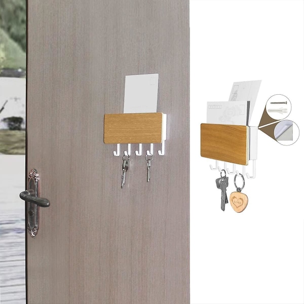 White Bamboo Plate Wall Key Hook with 5 Hooks - Organizer for Home and Office