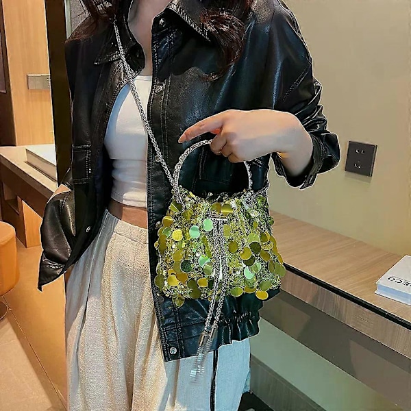 2023 Ny Mini Glitrende Bøtteveske for Kvinner Luksus Designer Paljett Rund Håndtak Crossbody Veske Morado