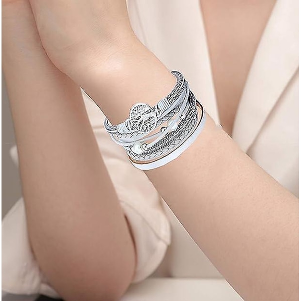 Boho flerlagers läderarmband - beige (1 st)