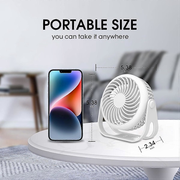 360° Rotation Mini USB (Hvid) Bærbar Støjsvag Ventilator med Krog 1800mAh Batteri til Kontor Soveværelse Telt Rejse