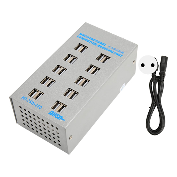 USB-ladestasjon 75W 20 porter USB-lader kretsbeskyttelse USB-ladehub 100‑240V for telefon nettbrett hodetelefoner EU-plugg