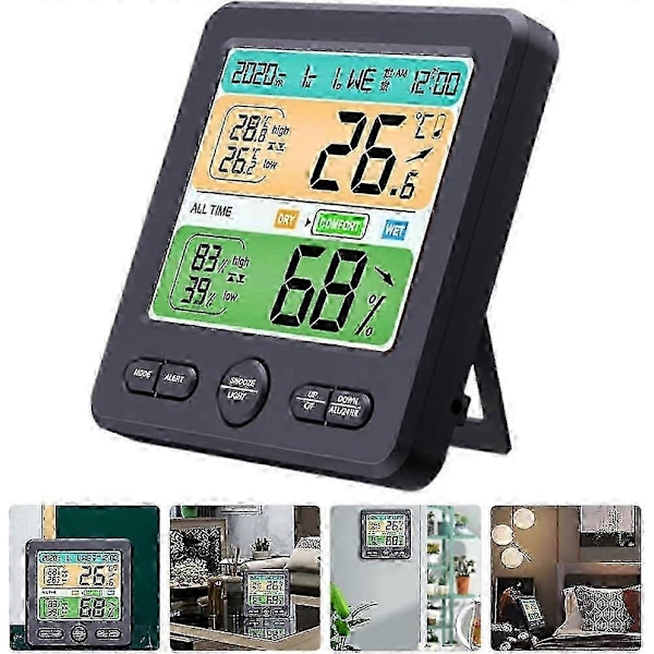 Hygrometer klocka termometer för hemmet digital klocka inomhus luftfuktighetsmätare fuktmätare hydrometer humidistat bordsmodell temperaturövervakare inomhustemp