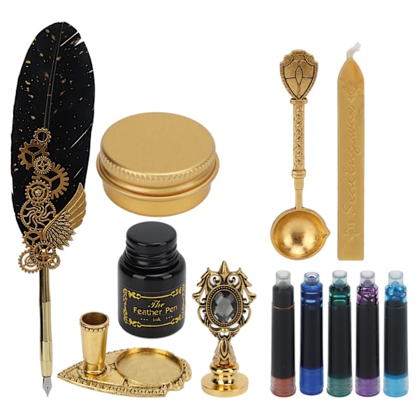 Fjærpenn Business Fire Lacquer Stamp Europeisk Retro Stil Sprinklet Gull Fjær Rustfritt Stål Dip Pen Set med Blekkpose Svart