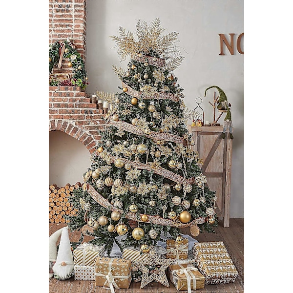 12 stk. Julepynt Glitter Gull Julestjerne, Kunstige Julestjerneblomster Juletrepynt til Juleborddekor