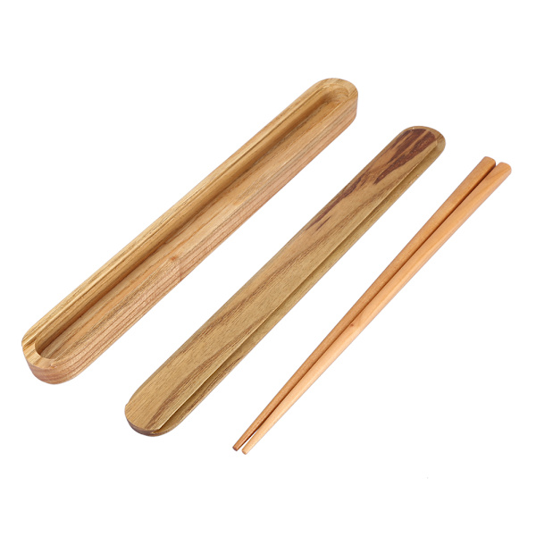 Bærbare træspisepinde Træk spisepinde ud Chopsticks Box Case Bestik Service Lys træfarve