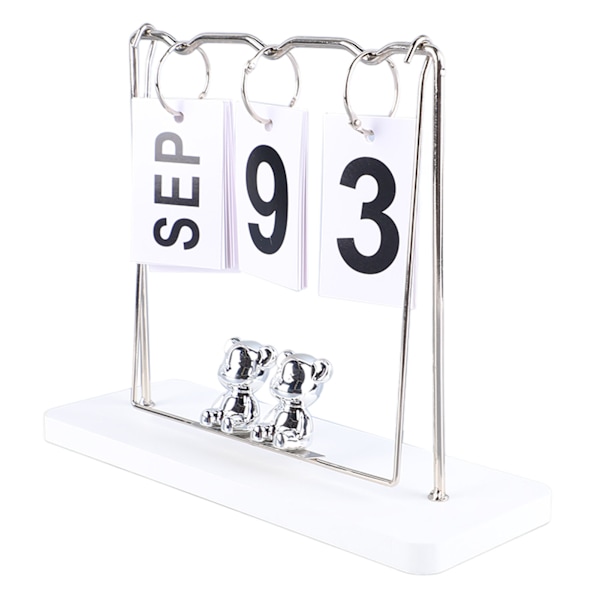 Bear Wooden Metal Flip-kalender Daglig Flip-kalender Genanvendelig evigvarende kalender Desktop Flip-kalender til kontor sovesal Hvid gynge