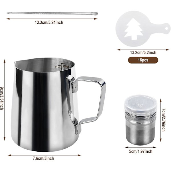 Mjölkskummande set i rostfritt stål med Latte Art-penna - 350 ml (12 oz) skummande kanna för kaffe Cappuccino