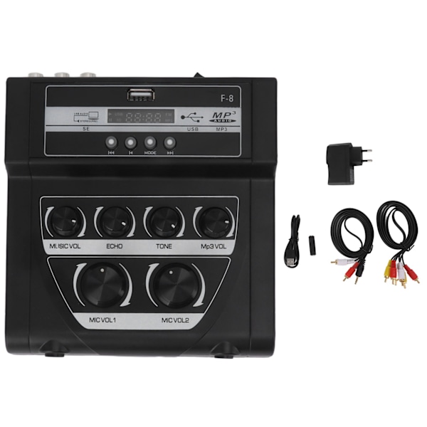 F8 Mixer Utomhus Karaoke Mikrofon Med Bluetooth Inspelning Svart Hemma Mixer 100‑240V EU-kontakt