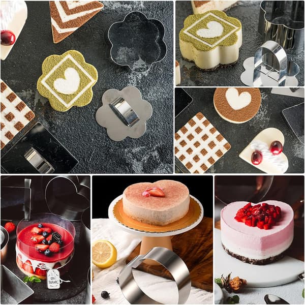 Sett med 4 runde kakeringer i rustfritt stål, mousse- og kakeformer, med press og stempel.
