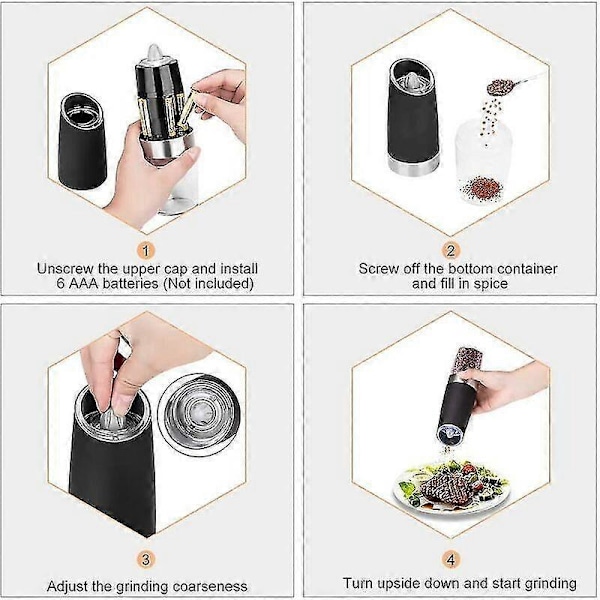 2 stk. Salt- og pepperkvern, elektrisk gravitasjonspepperkvern, elektrisk salt- og pepperkvern, batteriversjon