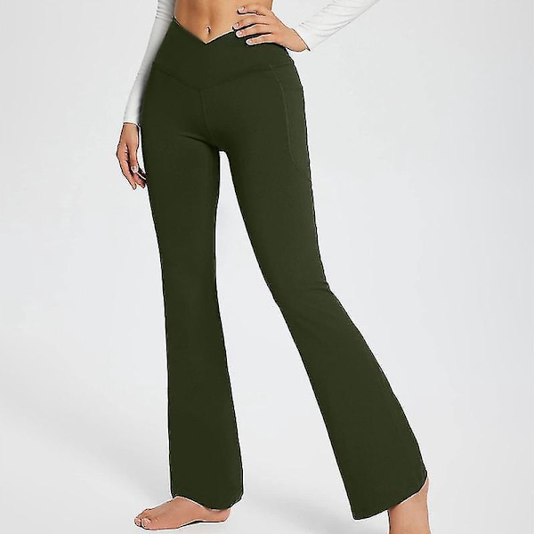 Hög midja Bootcut Yoga byxor med fickor för kvinnor - Magkontroll & Träningsstil 2XL grön