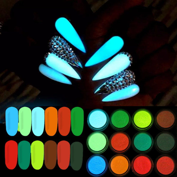 12 färger självlysande nagelpulver Fluorescenspigment Färgglatt glitter Glödande set för manikyr