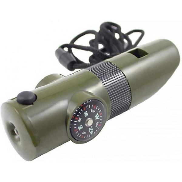 Visselpipa, 7-i-1 Multifunktionell Överlevnadsvisselpipa Nödvändighetsverktyg med Termometer Kompass LED-lampa Förstoringsglas Spegel för Camping Vandring Utomhus (Grön)