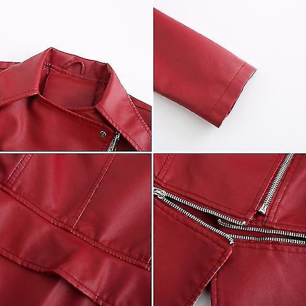 Læder Casual Zipper Jakke med Aftagelig Kant - XXL Rød