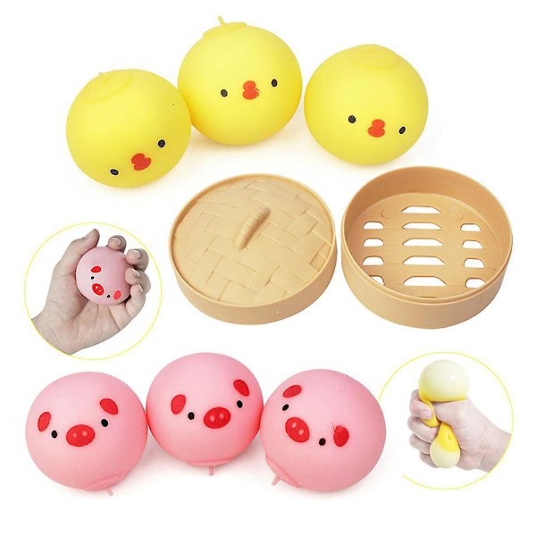 Søde Kylling Squishy Stressbolde - Sæt af 6, Legetøj til Angstlindring, Bløde og Klemmebare Dumpling Fidgets