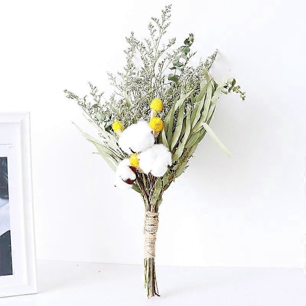 Liten Naturlig Torkad Blomsterbukett 43cm Vit Bomullsgren med Gul Torkad Craspedia och Konstgjord