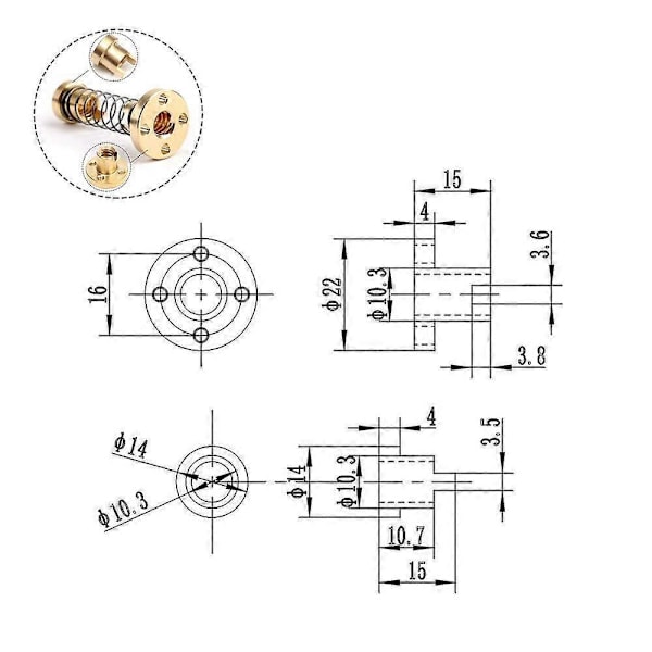 T8 Anti-Backlash Fjäder Mutter Eliminerad Glapp Mutter för 3D-Skrivare CNC Maskin 8mm Acme Gängad Stång (3st)