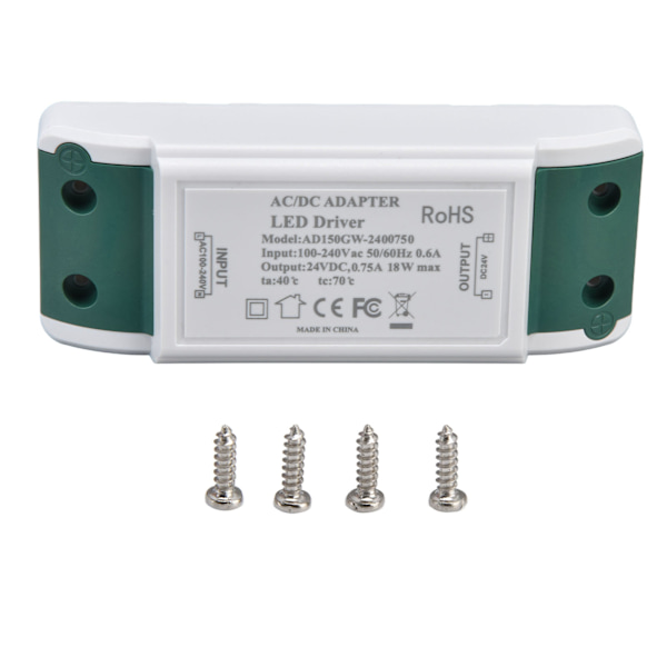 LED-driver 24V DC 0,75A 18W Stillegående drift Konstantstrøm 24V transformator for LED Strip-lys AC100‑240V